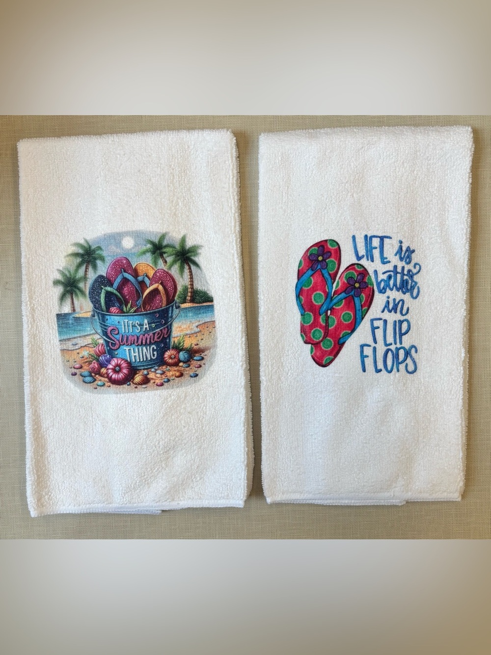 NEW White Beach-Themed Decorative Hand Towels with Colorful Flip Flop Prints